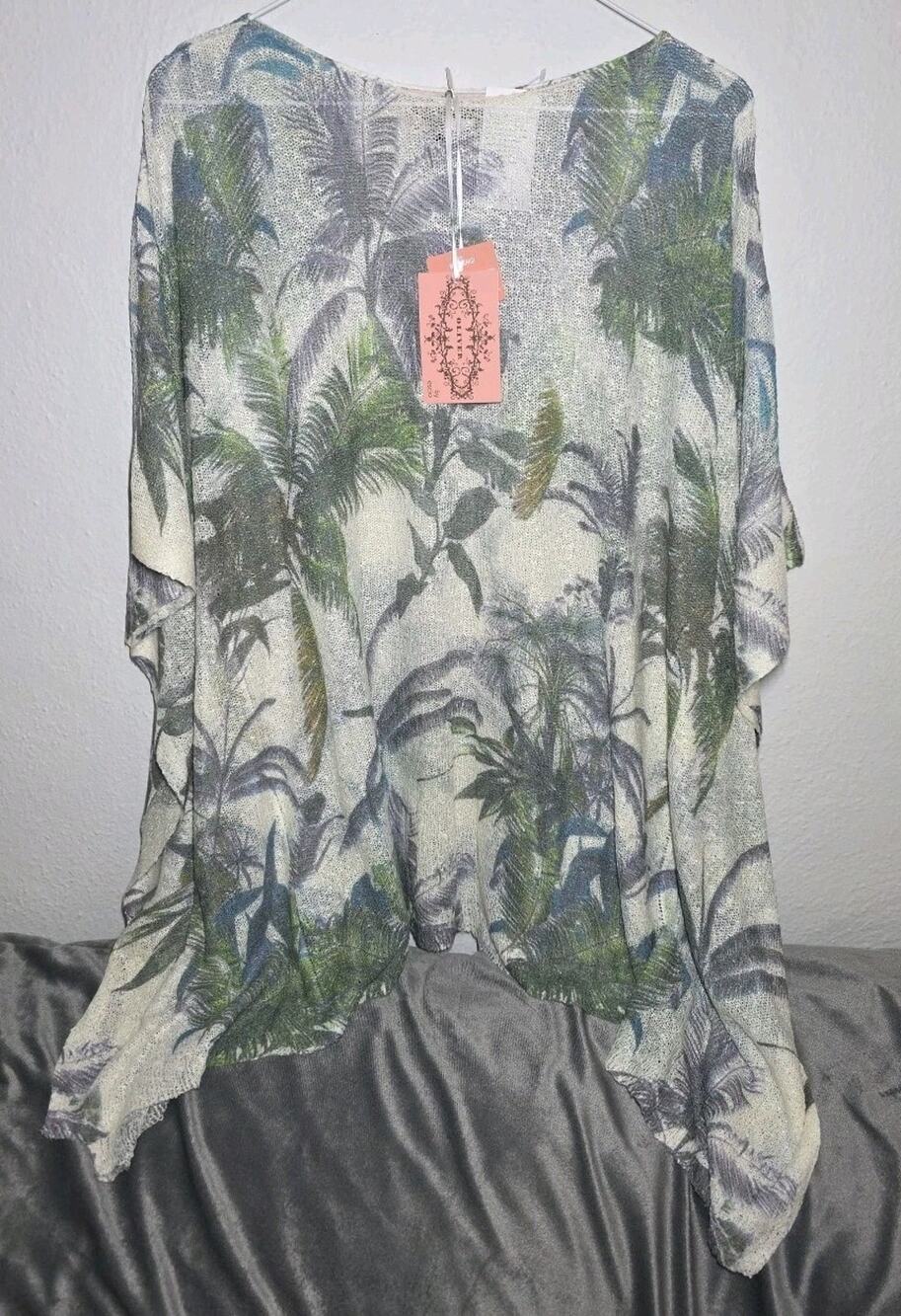 Oliver Tropical Print Poncho Style Women's Top Green Blue White Purple Sz. L NWT
